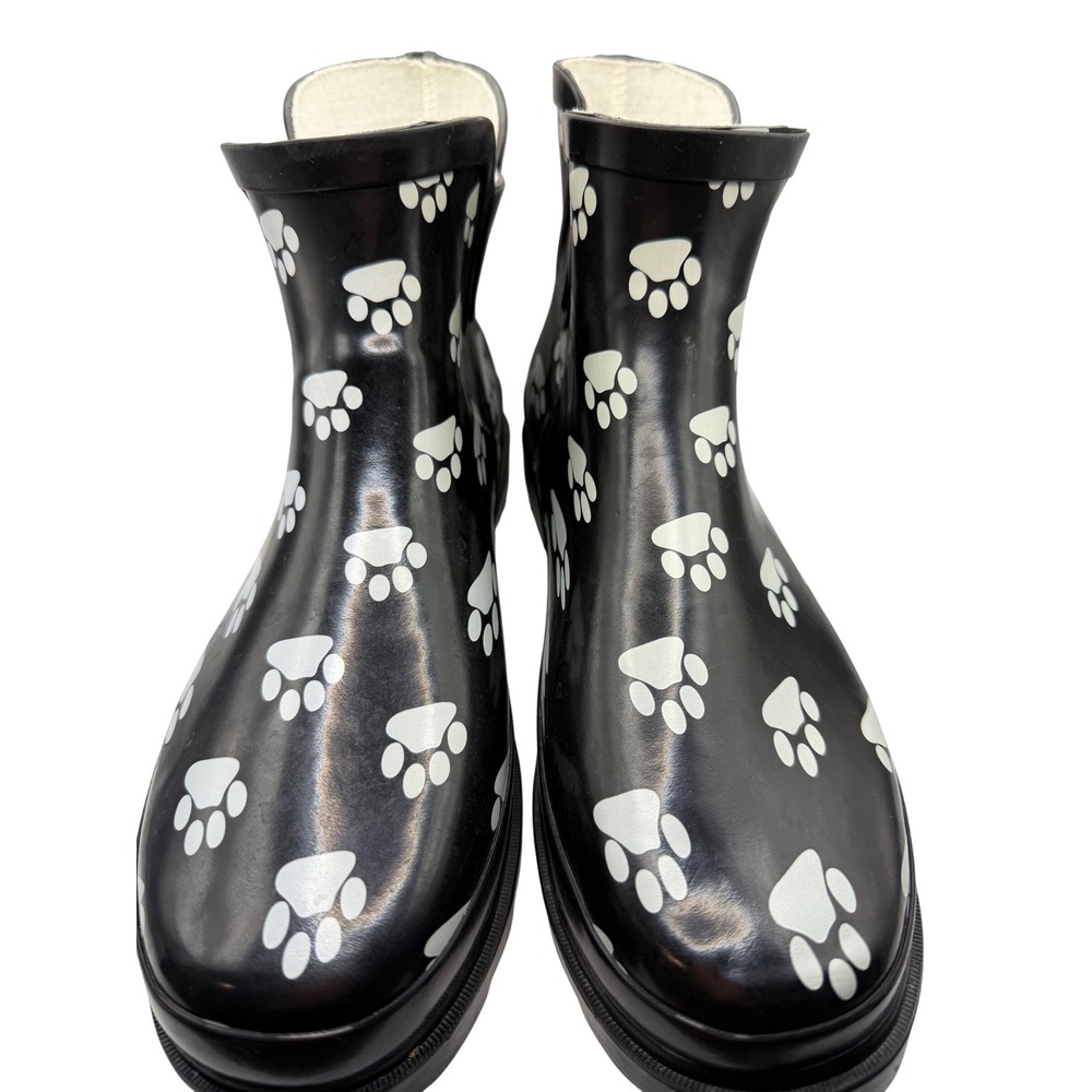 Norty Womens‎ Paw Print Rain Boots Black White Ankle Rubber Booties Size 11